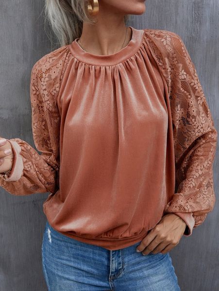 

contrast lace bishop sleeve keyhole back velvet pullover h8ia#, White;black