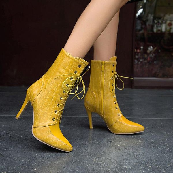

ymechic yellow black red boots female pointed toe stiletto high heels cross strap lace up vintage ankle boots woman shoes
