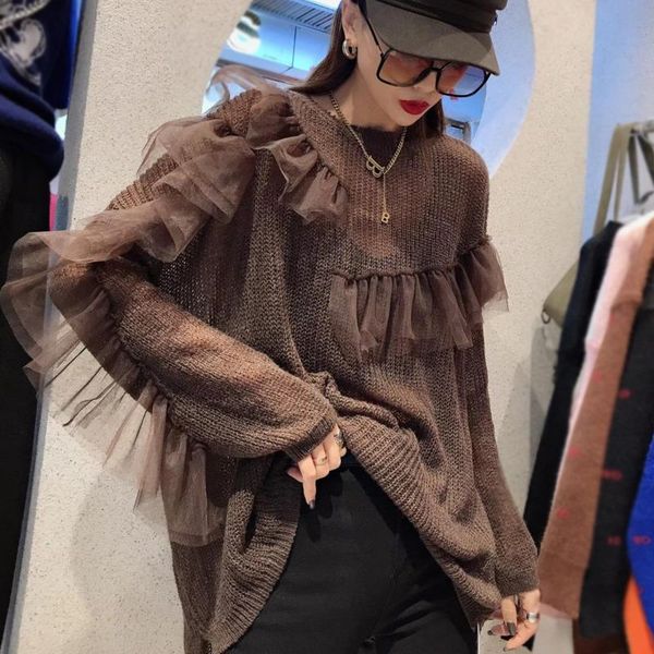

ewq] mesh flounce stitching mohair sweater for women long sleeve o-neck collar solid casual new fashion tide 2021spring 3gd079, White;black