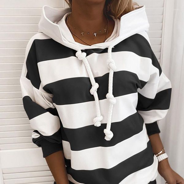 

autumn striped hooded drawstring hoodies women dropped shoulder long sleeve female hoodie streetwear casual ladies sweatshirts1, Black