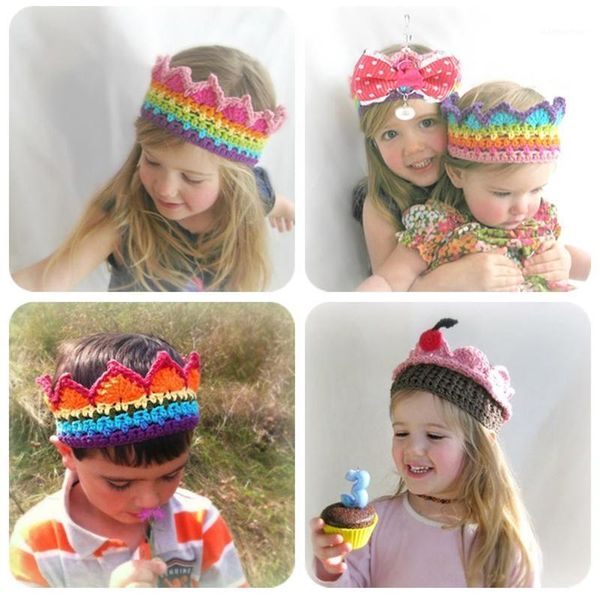

newborn baby knitted crown headwear infant handmade crochet headband rainbow colorful hairband toddler p props1, Yellow