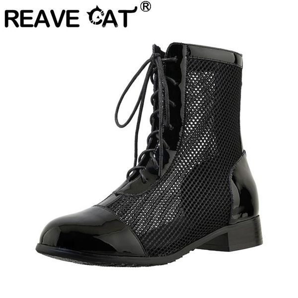 

REAVE CAT New Women Ankle Boots Summer 2021 Round Toe 3.5cm Square Heels Patent Leather Mesh Size 43 Sexy Lace-Up Zip A3361, Black
