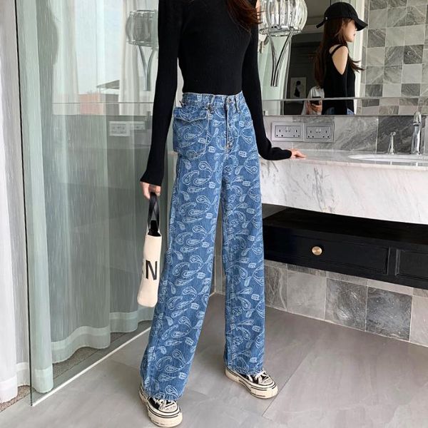 

cashew flower autumn and winter loose straight high-waisted thick wide-leg jeans with thin personality, Blue