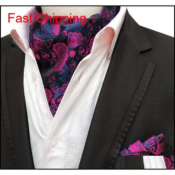 

2pcs men jacquard pocket square groom wedding tuxedo cravat ascot scrunch banquet necktie paisley silk neck tie handkerchief set vx1wa, Blue;white