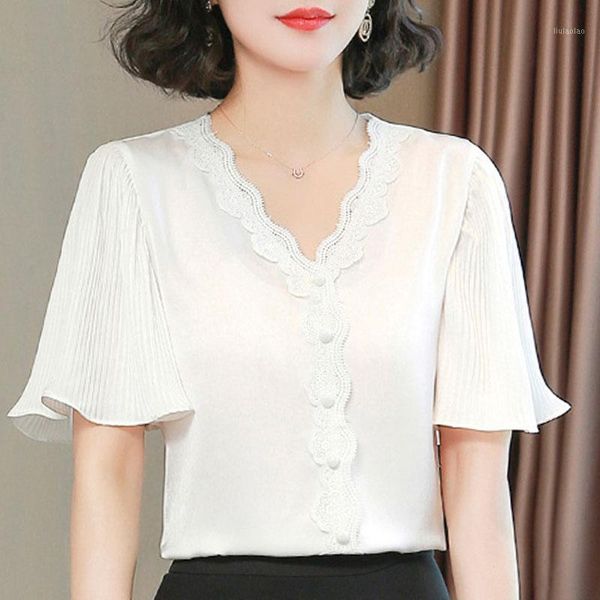 

blouse women 2020 short sleeve white blouse shirt women shirts lace v-neck chiffon blusas camisas mujer d2171