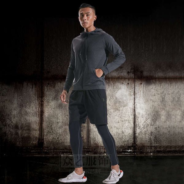 

autumn and winter men's fitness running training leisure sports suit long sleeve pants two piece set, Gray