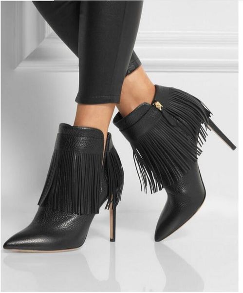 

boots rome black pu pointed toe ankle stiletto heel zip women's shoes fashion fringe 10cm knight