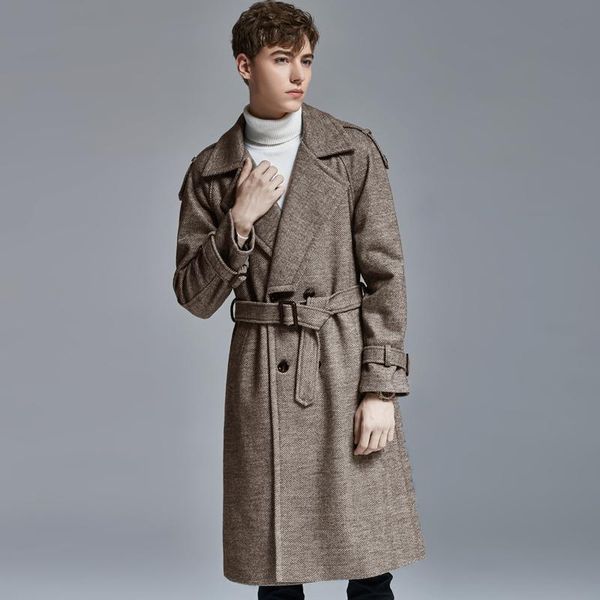 

new long wool men trench luxury autumn and winter double breasted mens jackets and coats plus size 6xl slim fit male coats, Black