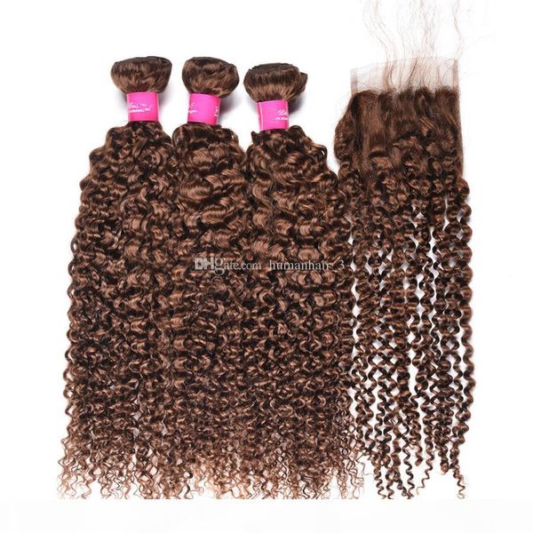 

afro kinky curl браун плетет волос с кружево закрытие 4 # средний коричневый kinky завитые три части шнурка закрытие с узелками, Black;brown