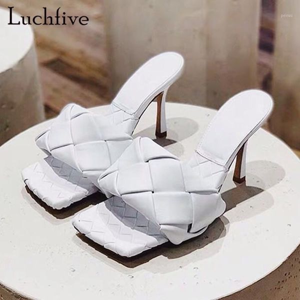 

slippers weave leather mules square toe high heels women open ladies shoes slip on summer slides blue party woman1, Black