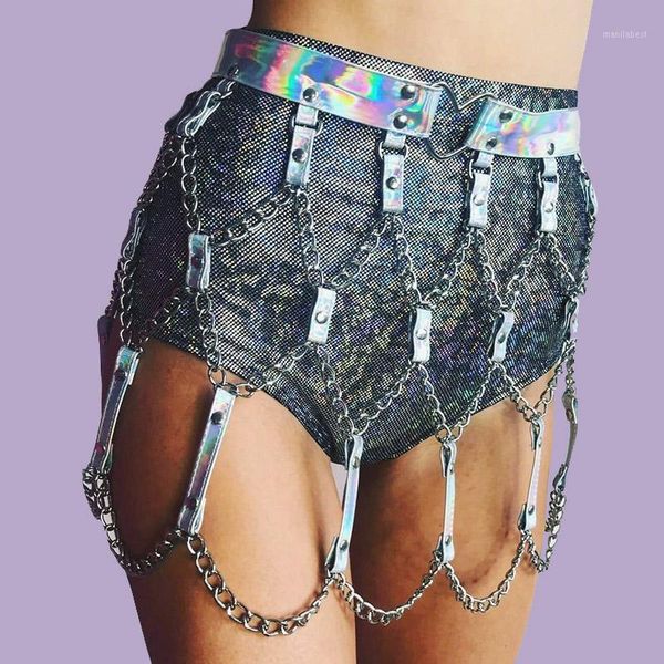 

goth metal chain skirt harness belt women waist belt harajuku hollow nightclub rave faux leather dress mini skirt1, Black