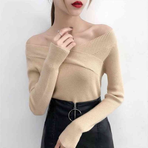 

v neck twisted back sweater women jumpers autumn pullovers casual long sleeve knitted sweaters off shoulder pull femme, White;black