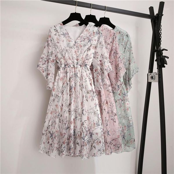 

new spring summer chiffon dress women v-neck ruffle sleeve print dresses sweet print slim elastic waist mid-length women dress1, White;black