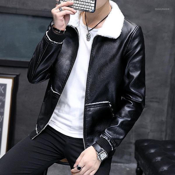 

men's jackets autumn and winter men's fur one leather fashion slim short jacket pu plus velvet stand collar casual1, Black;brown