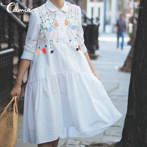 

women sundress shirt dress celmia vintage floral print casual loose bohemian robe fashion long sleeve pleated party vestidos 5xl1, Black;gray