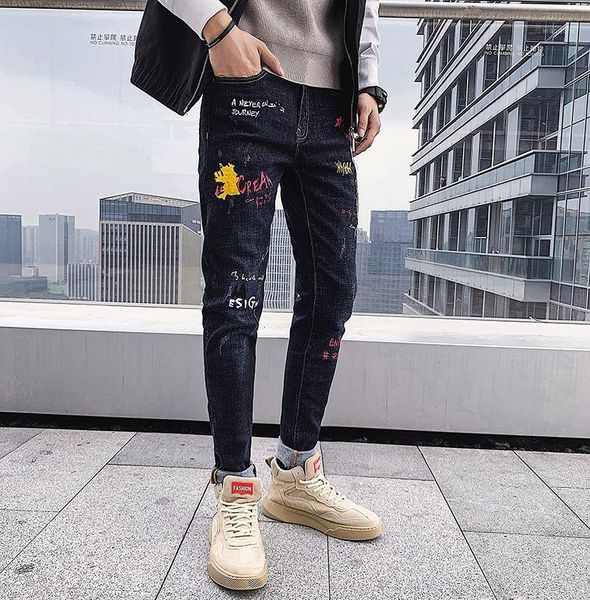 

2020 autumn and winter new youth popular men's personality printed slim plus size jeans fashion casual all-match pants black1, Blue