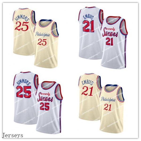 

2020 men 76ers philadelphia 23 embiid 25 simmons cream ben joel edition basketball jersey city jerseys, Black