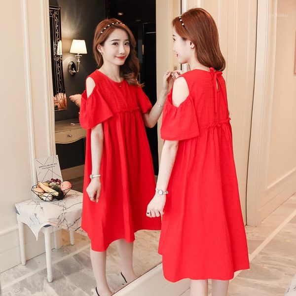 

maternity dresses 2021 summer wear style korean-style fashion loose off-shoulder dress pregnant women dress1, White
