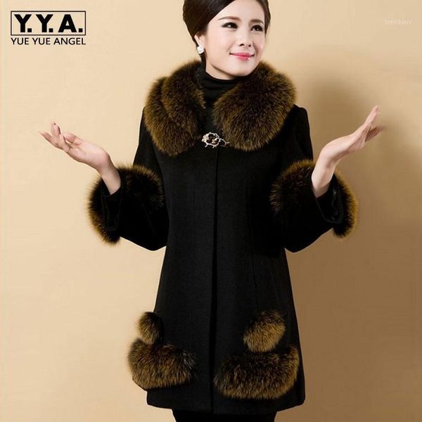 

winter women wool long coat fur collar warm cloak warm outwear plus size 6xl woolen blends overcoat cape ladies slim fit jacket1, Black