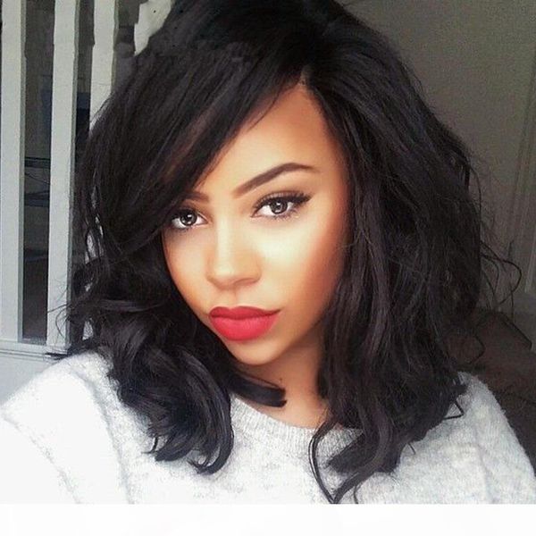 

short full lace human hair wigs for black women brazilian virgin hair glueless bob wavy lace front wig with baby hair, Black;brown