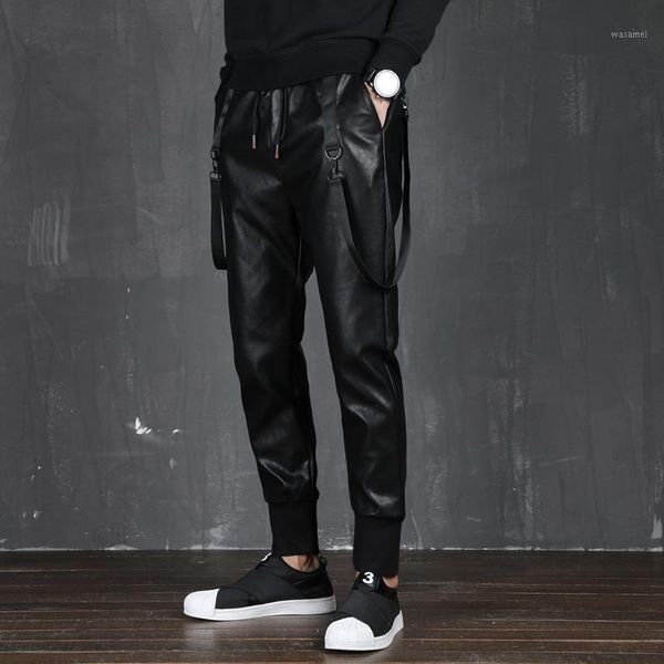 

pu leather pants men streetwear slim fit elastic waist punk pencil pants black hip hop harem trousers male motorcycle 3xl1