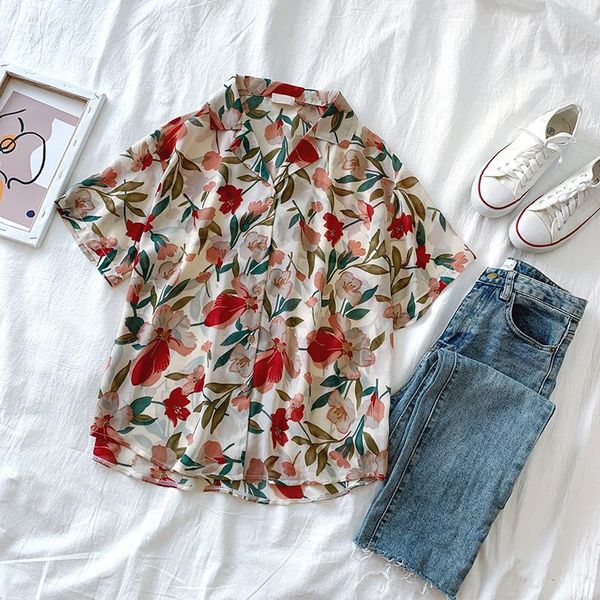 

women's blouses & shirts holiday beach style floral women 2021 summer turn-down collar short-sleeved loose female outwear coat, White