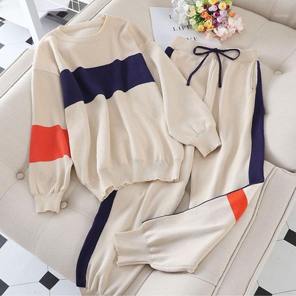 

2020 fashion autumn casual two pcs women set korean western style loose casual knit sweater + high waist soft pants chandal muje1, White;black