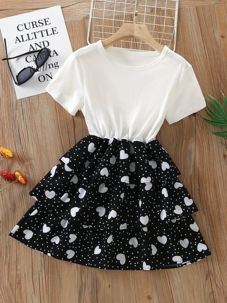 

girls polka dot & heart print layered hem dress she, Red;yellow