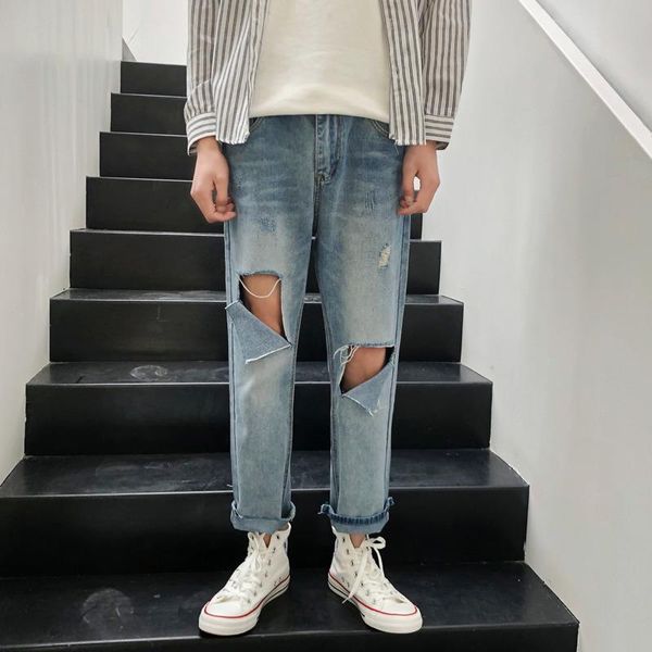 

summer jeans men fashion washed casual straight torn hole denim pants man streetwear hip hop loose cowboy trousers male clothes, Blue
