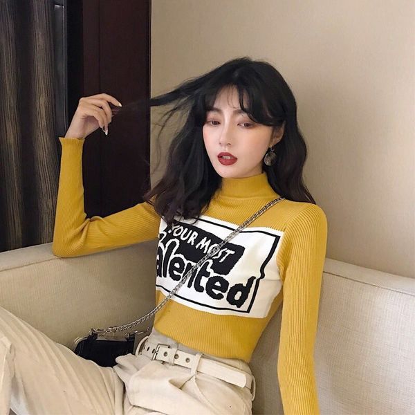 

joker 2021 temperament jacket new hong kong taste retro-thin letter thin half tall neck jumper 1 4lwk, White;black