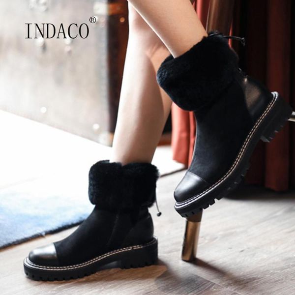 

winter shoes women boots genuine leather platform warm fur boots back cross striped wool, Black
