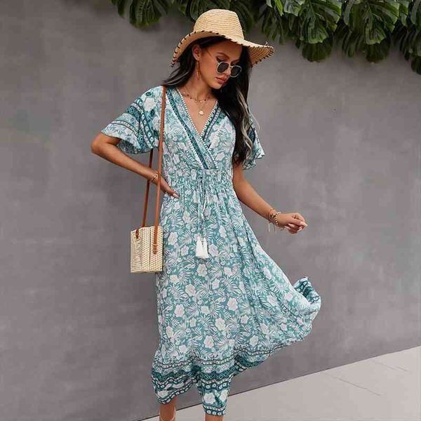 

summer yellow bohemian women v neck long dress short sleeve floral print ladies tassel boho light midi party dresses robe, Black;gray