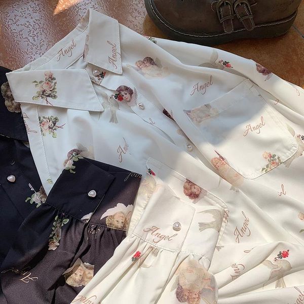 

deeptown harajuku angel print womens vintage elegant blouse women autumn 2020 lantern sleeve female clothes loose bf shirt q1219, White