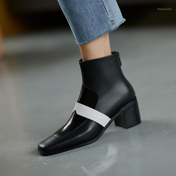 

boots mixed colors genuine leather women's ankle square toe high heels women pumps winter dancing party shoes woman1, Black