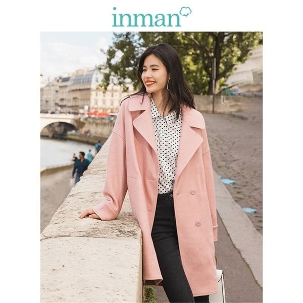 

inman winter solid big turn down collar dubble button drop-shoulder sleeve warm women long woolen coat 201218, Black