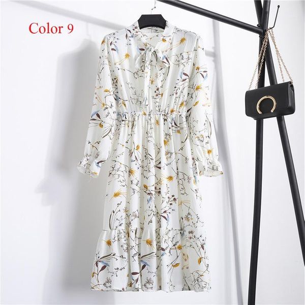 

chiffon high elastic waist spring summer dress bow a-line women full sleeve flower print floral bohemian dresses slim feminino1, White;black