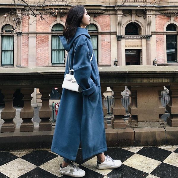 

loose plus size over the knee mid-length woolen coat women's 2021 autumn and winter new thick and warm korean woolen coat, Black