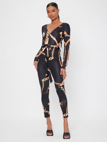

tall chain print belted skinny jumpsuit j8hj#, White