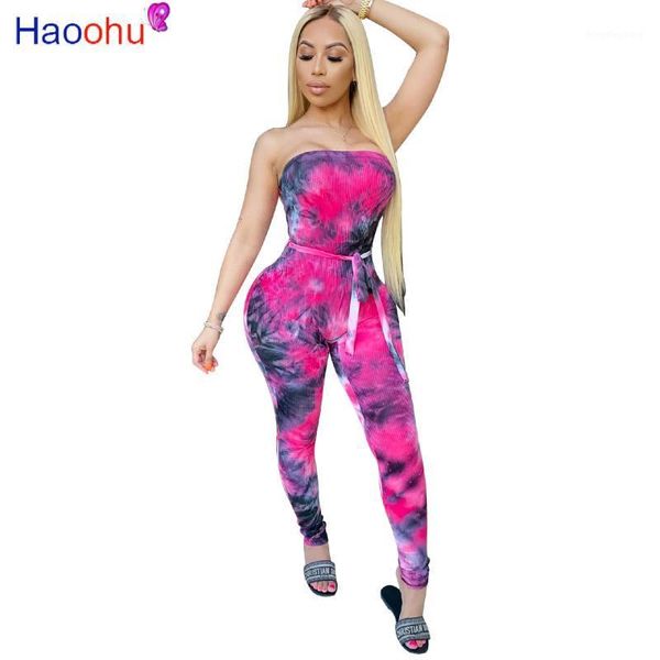 

haoohu women summer tie dye print knitted with sashes strapless pencil skinny jumpsuit night club party bodycon romper1, Black;white