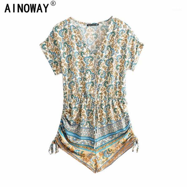 

vintage chic bohemian women floral print elesticboho rompers ladies v neck short sleeve tassel beach jumpsuits body 1, Black;white
