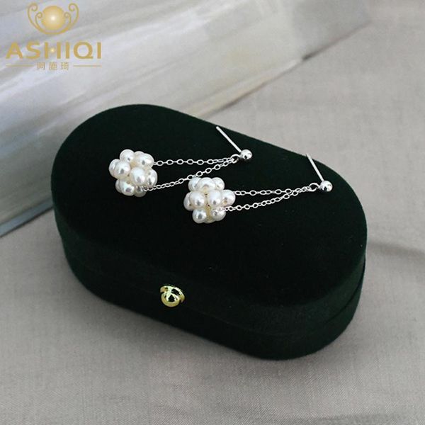 

ashiqi natural freshwater pearl 925 sterling silver drop earrings hand knitted flower ball women's fashion jewelry gift