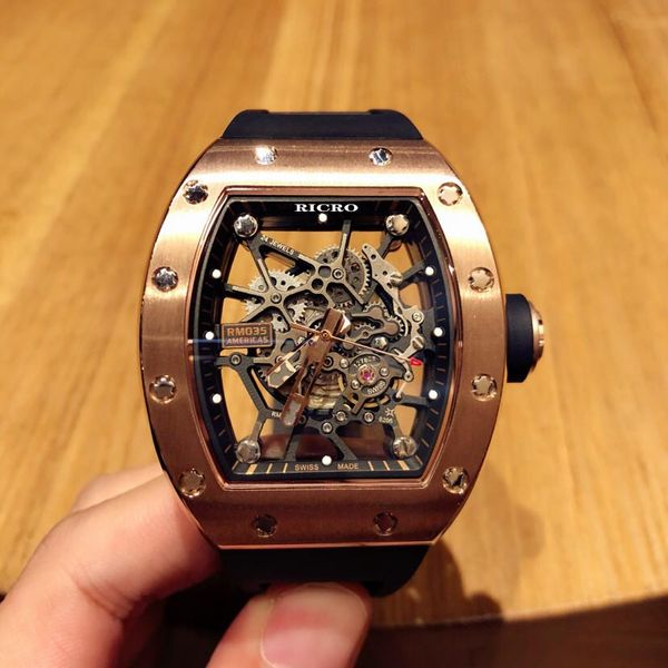 

men's watch, sport style, automatic movement, butterfly clasp, hollow dial, rubber strap, stainless steel case, sapphire glass, Slivery;brown