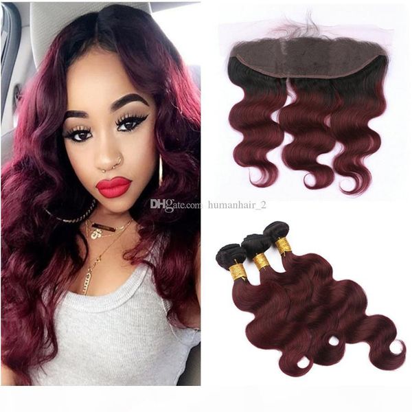 

body wave 1b 99j lace frontal with bundles wine red brazilian virgin hair 3 bundles body wave with 13x4 full frontals, Black;brown