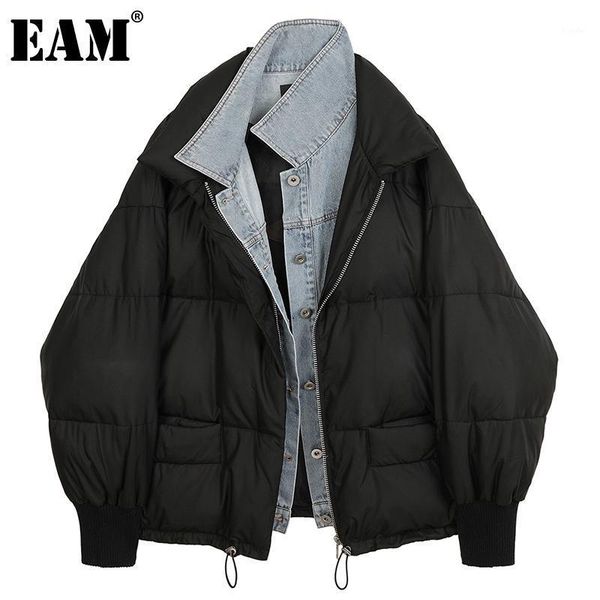 

eam] denim big size warm cotton-padded coat long sleeve loose fit women parkas fashion tide new autumn winter 2021 1dd40141, Black