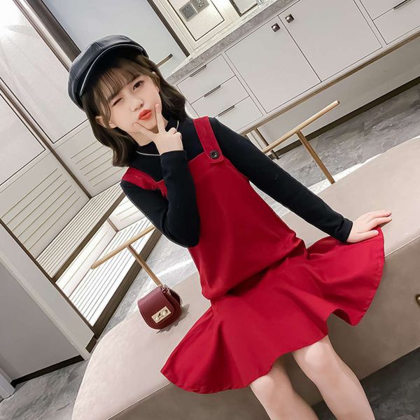 

school drs 2-piece wear autumn middle wine children's red vt skirt girl's black base coat suit, Red;yellow