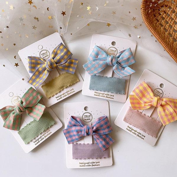 

2 pcs new korean fresh simple lattice fabric bow duckbill clip for sweet girl children fashion square bb clip hair accessories1, Slivery;white
