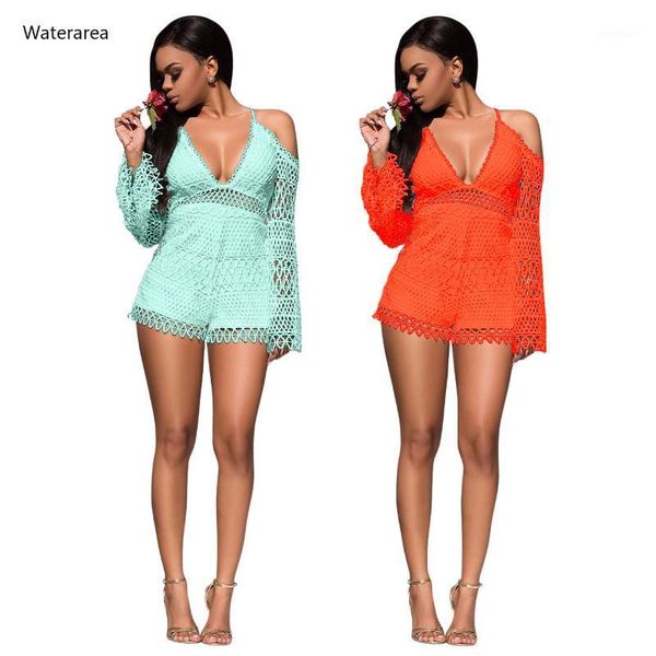 

2020 summer women vintage solid color spaghetti strap v-neck lace long sleeve jumpsuit night club party playsuit bodysuit1, Black;white