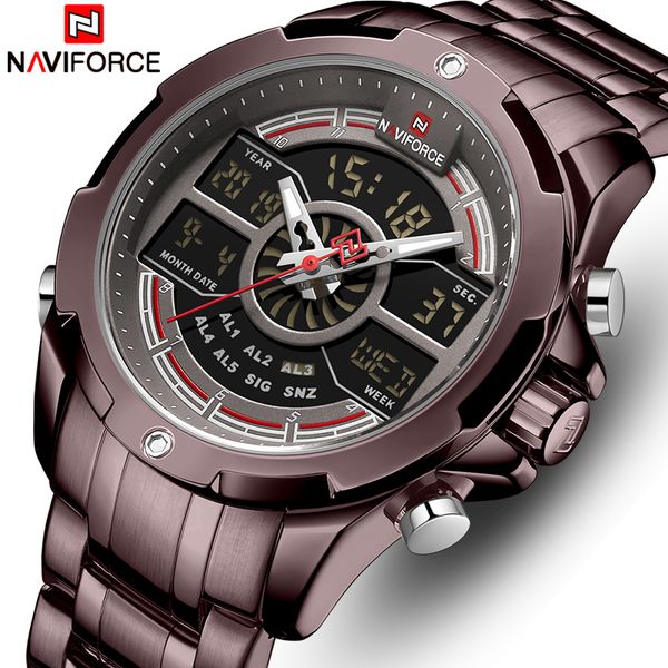

naviforce men watch brand stainless steel mens watches analog digital quartz wristwatch men sports clock relogio masculino t200113, Slivery;brown