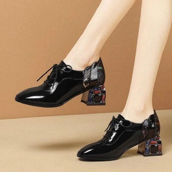 

women bare boots 2020 autumn lace up patent leather dress shoes medium heeled crystal heels pumps patchwork ladies shoes 8269n #ou10, Black