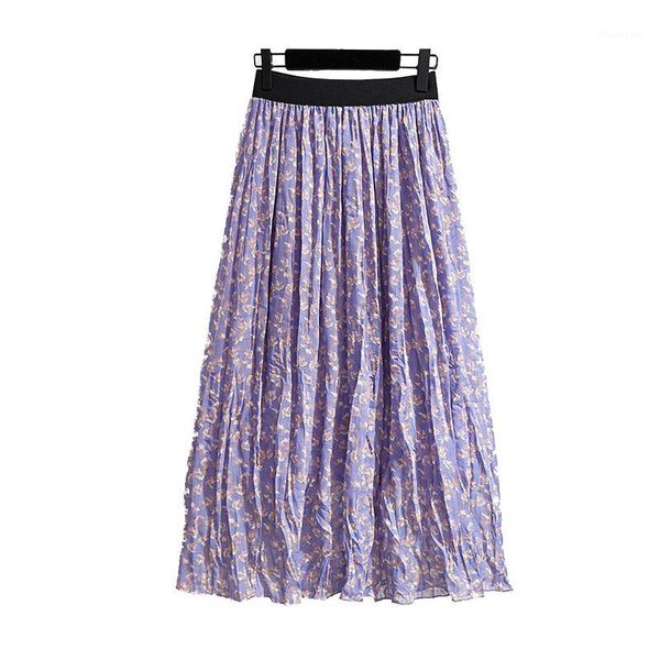 

2020 summer flowers women skirts casual loose elastic waist purple yellow plus size floral printed pleated skirts hipping1, Black